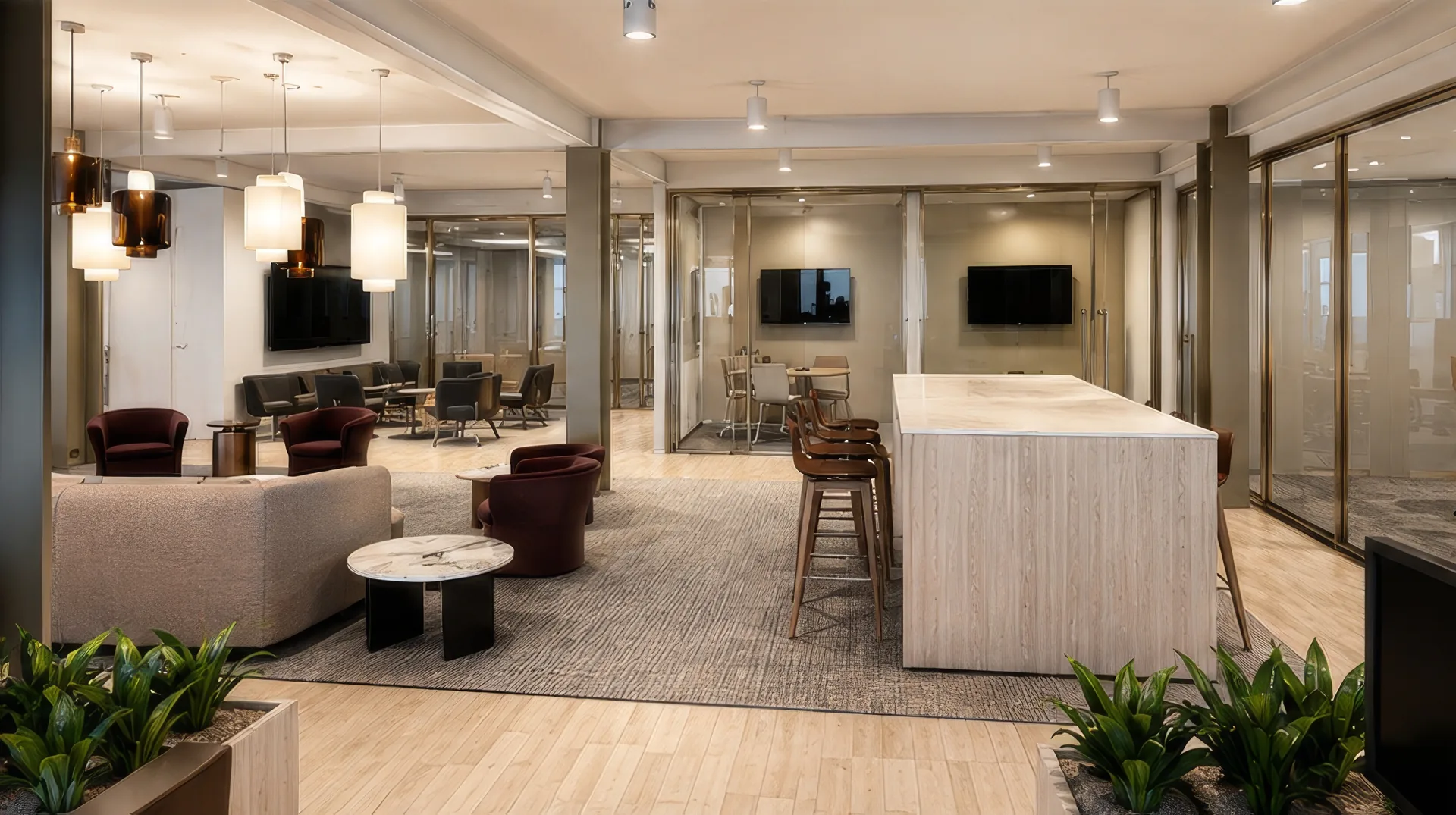Lounge with island bar seating and glass-walled meeting rooms