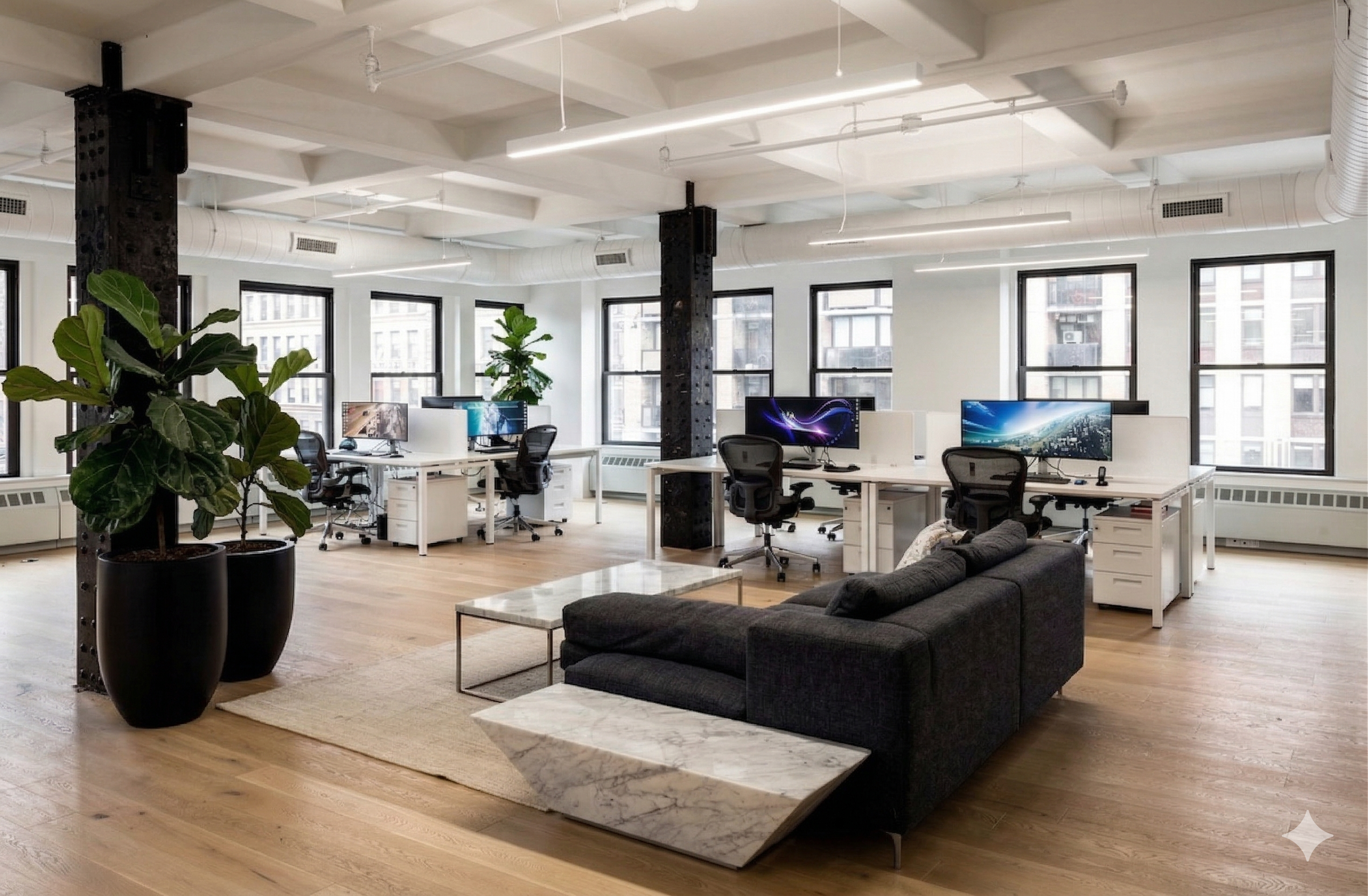 Furnished open workspace with lounge seating and workstations