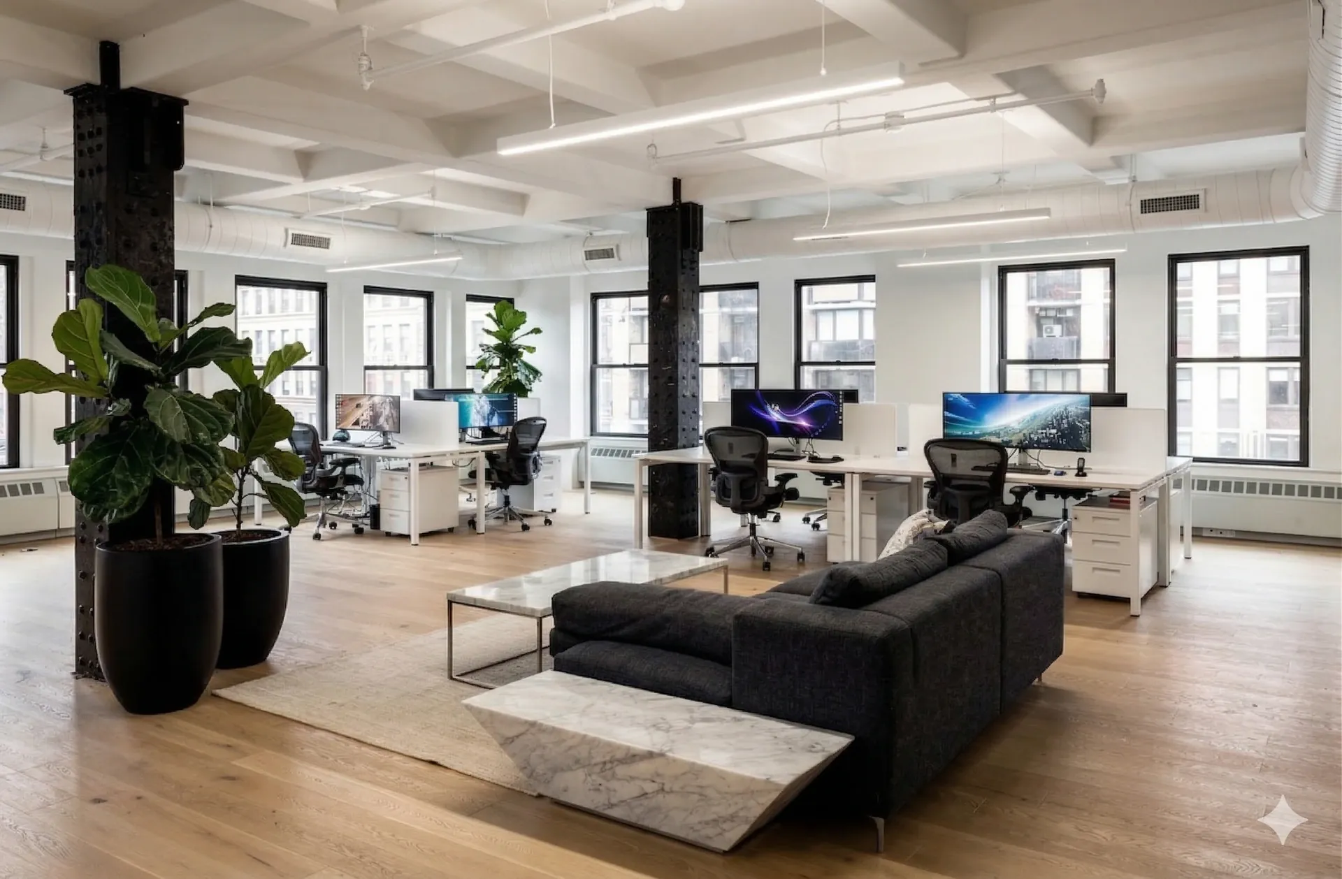 Furnished open workspace with lounge seating and workstations